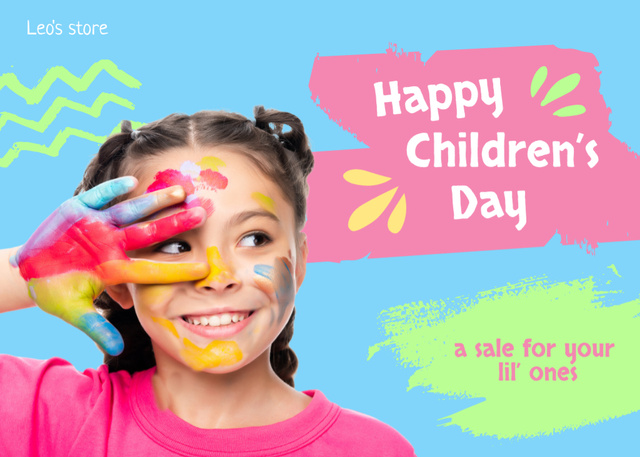 Designvorlage Children's Day Sale Announcement with Bright Colorful Paint für Postcard 5x7in