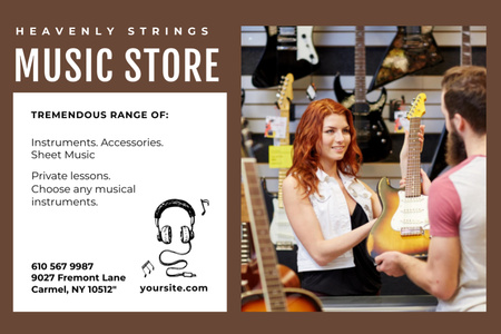 Ontwerpsjabloon van Flyer 4x6in Horizontal van Advertentie voor muziekwinkel met vrouw die gitaar verkoopt