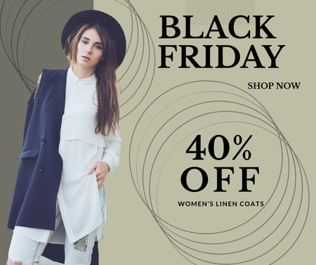 Black Friday Sale Announcement with Woman in Stylish Clothes Facebook Modelo de Design