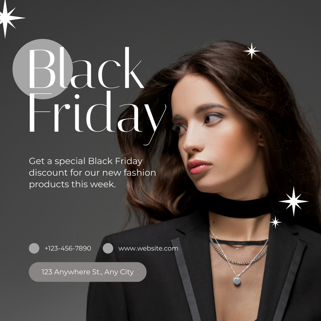 Black Friday Sale Ad with Woman in Black Jacket Instagram Modelo de Design