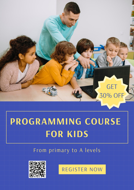 Teacher with Kids on Programming Course Poster – шаблон для дизайна
