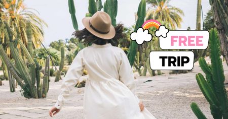 Plantilla de diseño de oferta de viaje con mujer en sombrero de paja Facebook AD 