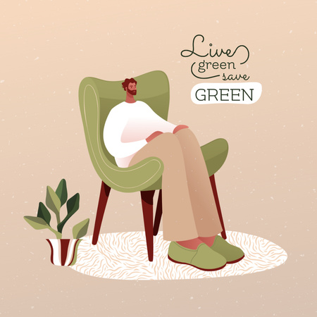 Green Lifestyle Concept with Man sitting in Wooden Armchair Instagram Design Template