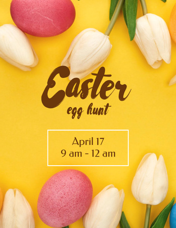 Ontwerpsjabloon van Flyer 8.5x11in van Easter Egg Hunt Announcement with Colorful Eggs and Tulips