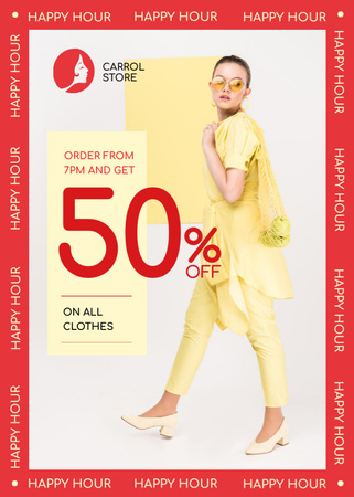 Clothes Shop Happy Hour Offer Woman in Yellow Outfit Flayer Design Template