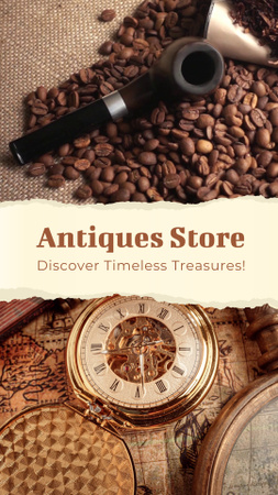 Modèle de visuel Promotion de magasin d'antiquités avec slogan et montre de poche - Instagram Video Story