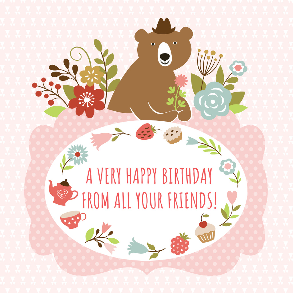 Ontwerpsjabloon van Instagram AD van Happy birthday greeting with Bear and Flowers