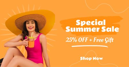Summer Sale Announcement with Girl in Hat and Сocktail Facebook AD Tasarım Şablonu