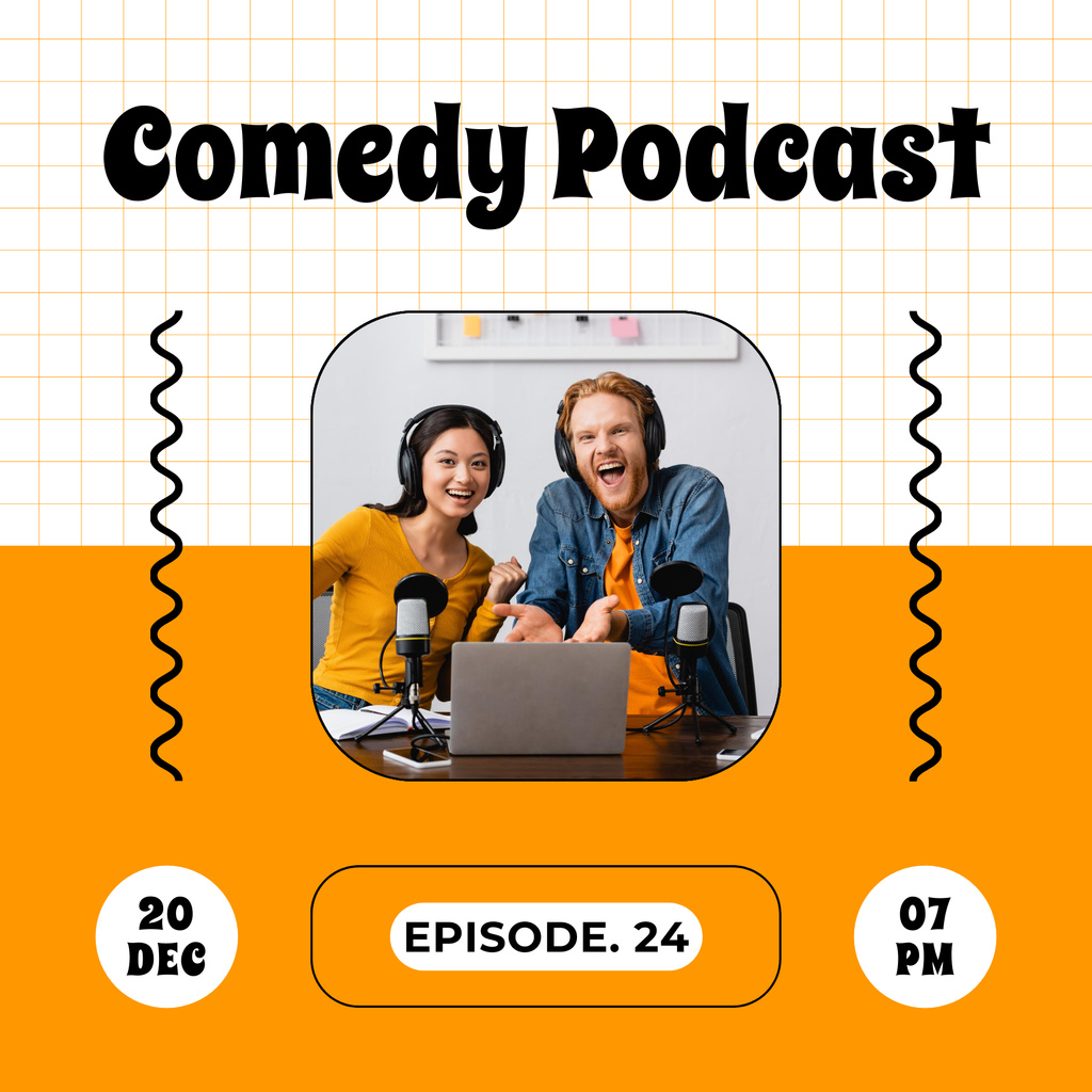 Designvorlage Announcement of Comedy Episode with People in Studio für Podcast Cover