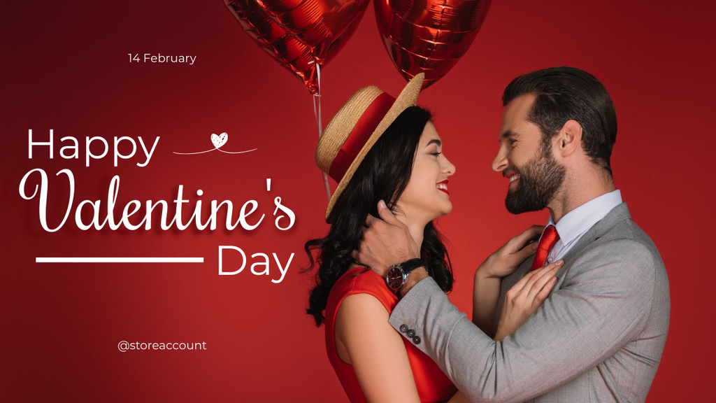 Happy Valentine's Day with Couple in Love with Red Balloon Youtube Thumbnail Design Template