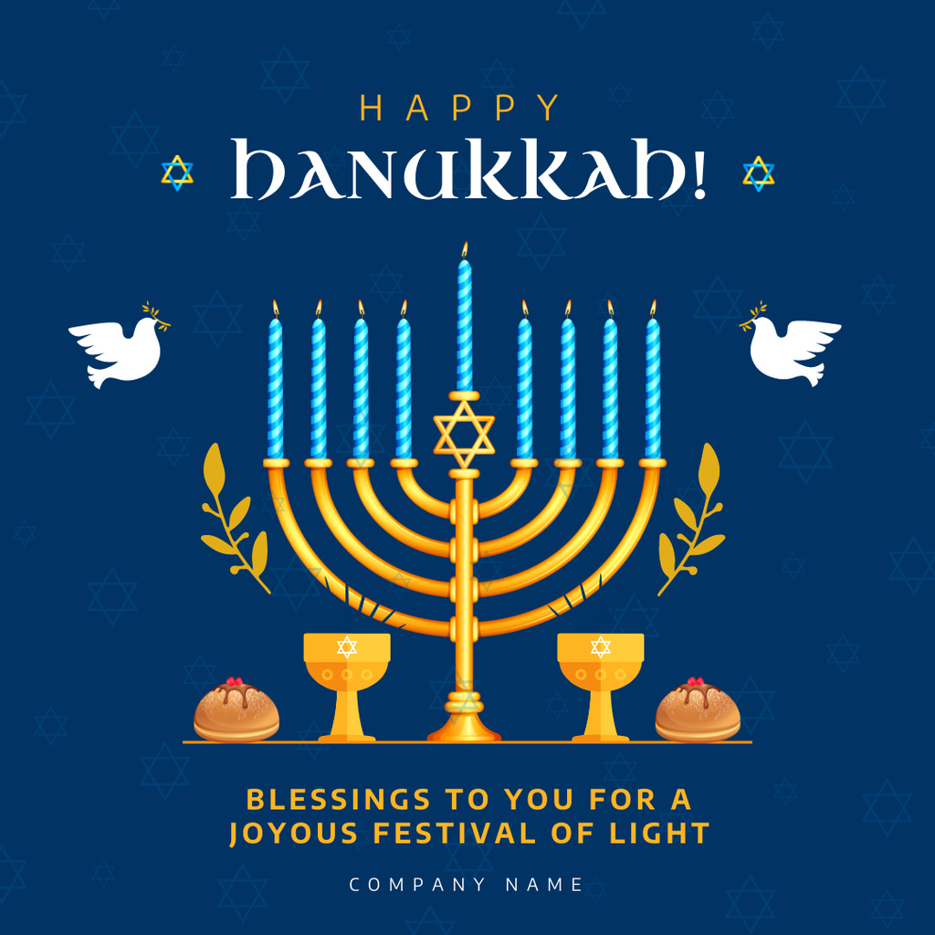 Happy Hanukkah Blessings With Sufganiyot And Doves Instagram Design Template
