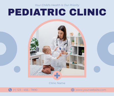 Pediatric Clinic Ad with Baby on Checkup Facebook Design Template