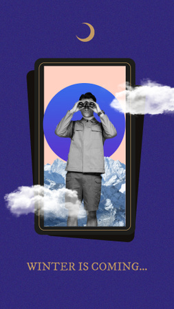 Template di design uomo divertente che guarda fuori attraverso binocoli in cerca di inverno Instagram Story