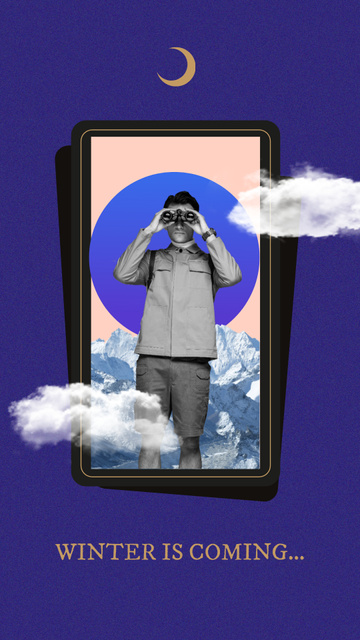 Modèle de visuel Funny Man looking out through Binoculars in search of Winter - Instagram Story