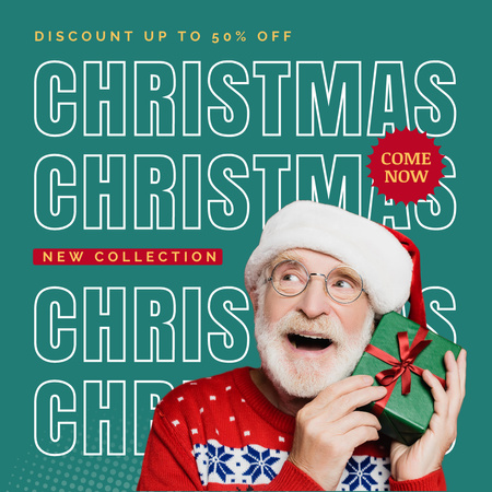 Christmas Discount Happy Senior Man In Glasses Instagram ADデザインテンプレート
