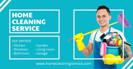 Man with Mop and Bucket for Cleaning Service Offer Facebook AD Design Template