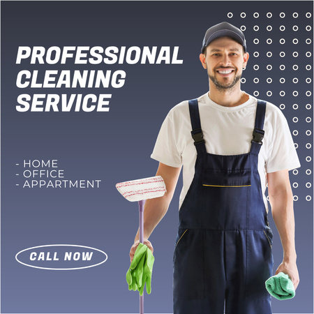 Man with Rag and Mop for Professional Cleaning Service Instagram AD Design Template
