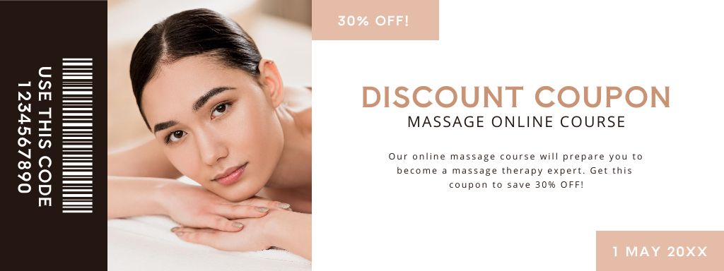 Massage Online Courses Ad with Young Beautiful Woman Coupon Design Template