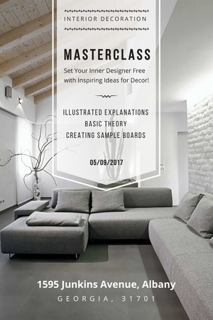 Designvorlage Ankündigung des Innendekorationsereignisses mit Sofa in Grau für Pinterest