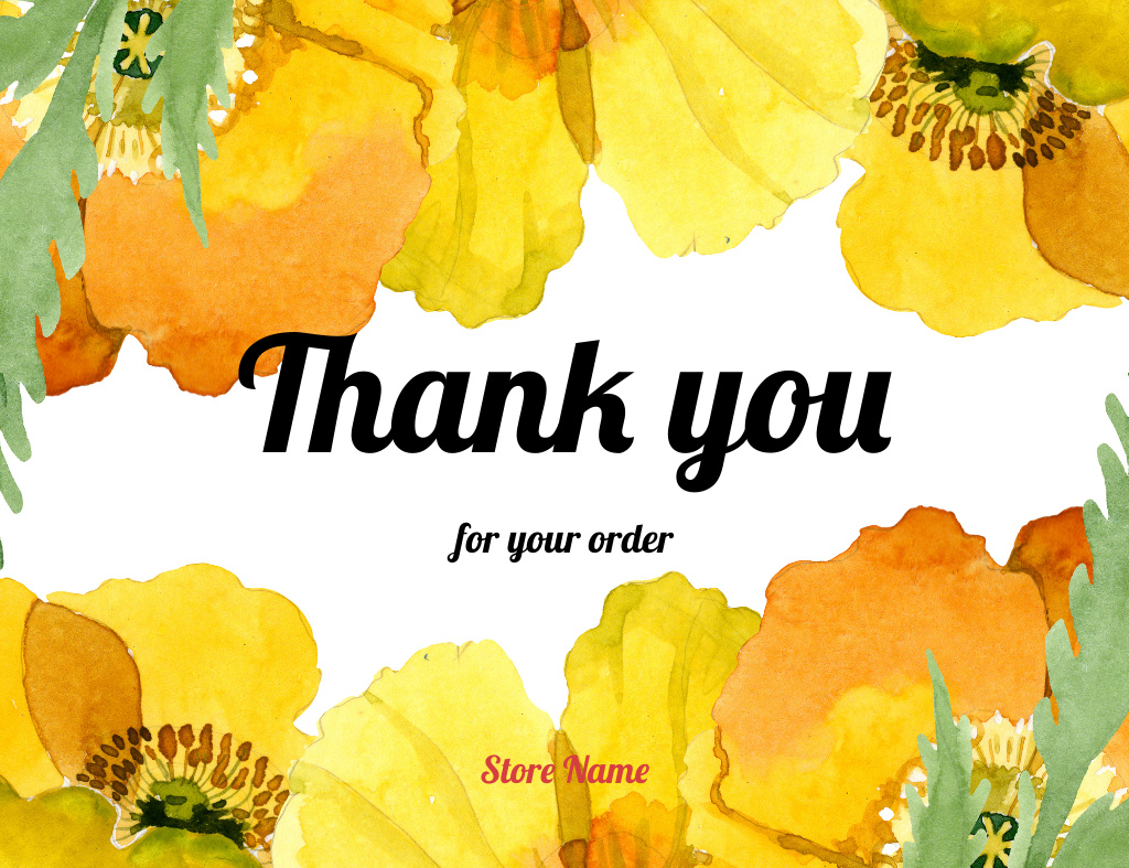 Message of Thanking For Your with Yellow Watercolor Flowers Thank You Card 5.5x4in Horizontal Tasarım Şablonu