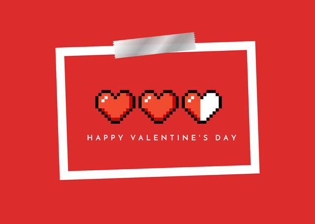 Valentine's Day Greeting with Bright Red Pixel Hearts in Frame Card Tasarım Şablonu
