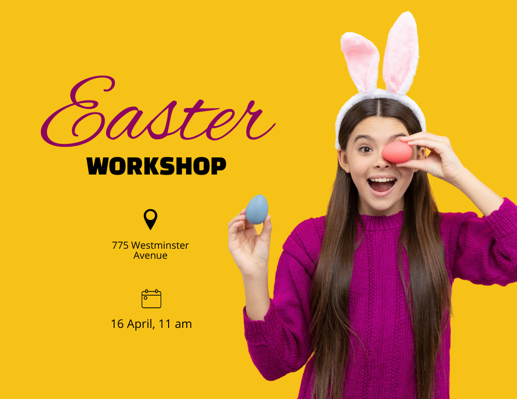 Festive Easter Workshop With Bunny Ears In Yellow Flyer 8.5x11in Horizontal Πρότυπο σχεδίασης