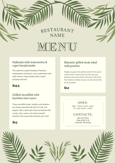 Restaurant Ad with Green Leaves Menu Design Template