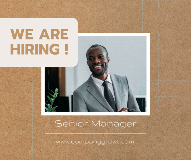 Senior Manager Hiring Announcement with Young African American Facebook tervezősablon