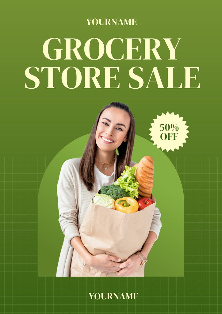 Groceries Sale Offer With Baguette In Paper Bag Poster tervezősablon