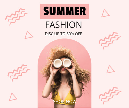 Summer Fashion Ad with Woman holding Coconuts Facebook Design Template