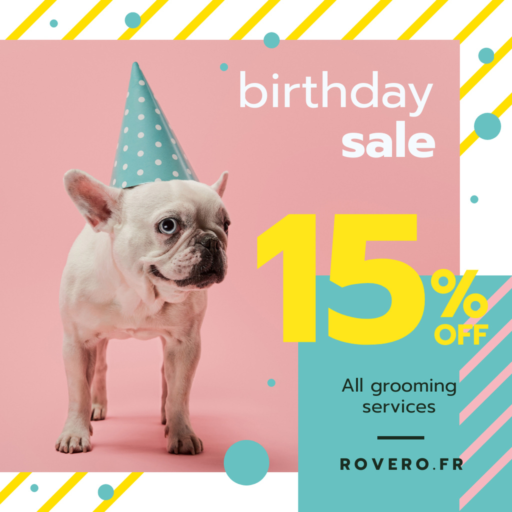 Template di design Birthday Sale Funny Frenchie in Hat Instagram