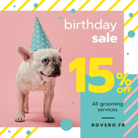 Birthday Sale Funny Frenchie in Hat Instagram Design Template