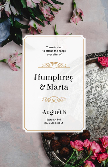 Wedding Announcement With Roses on Pink Invitation 5.5x8.5in Πρότυπο σχεδίασης