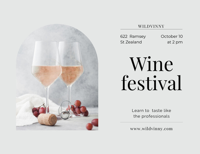 Wine Tasting Festival Announcement With Wineglasses And Grape Invitation 13.9x10.7cm Horizontalデザインテンプレート