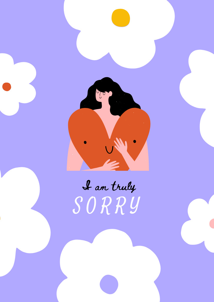 Cute Apology With Woman Holding Heart Postcard A6 Vertical Modelo de Design