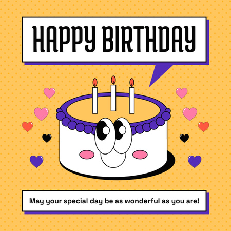 Designvorlage Herzlichen Glückwunsch zum Geburtstag und Wünsche mit Kuchen auf Gelb für LinkedIn post
