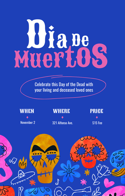 Platilla de diseño Celebration of Dia de los Muertos With Skulls Illustration in Blue Invitation 4.6x7.2in