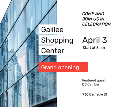 Designvorlage Shopping Center Opening Announcement with Glass Building für Flyer 8.5x11in Horizontal