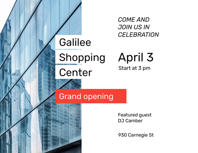Modèle de visuel Shopping Center Opening Announcement with Glass Building - Flyer 8.5x11in Horizontal