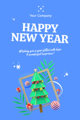 New Year Holiday Greeting with Cute Decorated Tree in Blue