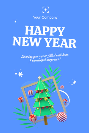 New Year Holiday Greeting with Cute Decorated Tree in Blue Postcard 4x6in Vertical Modelo de Design