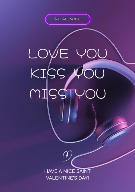 Cute Valentine's Day Greeting with Headphones on Violet Postcard A5 Vertical Design Template