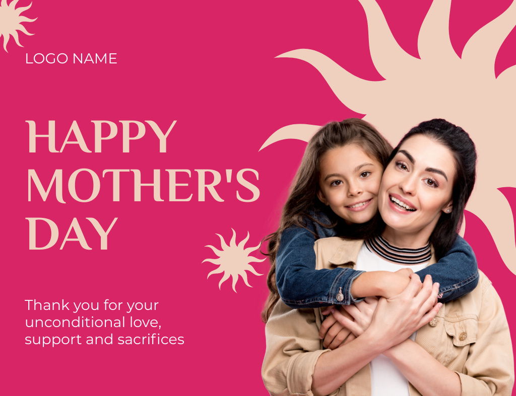 Mother's Day Greeting with Smiling Mother and Daughter Thank You Card 5.5x4in Horizontal Tasarım Şablonu
