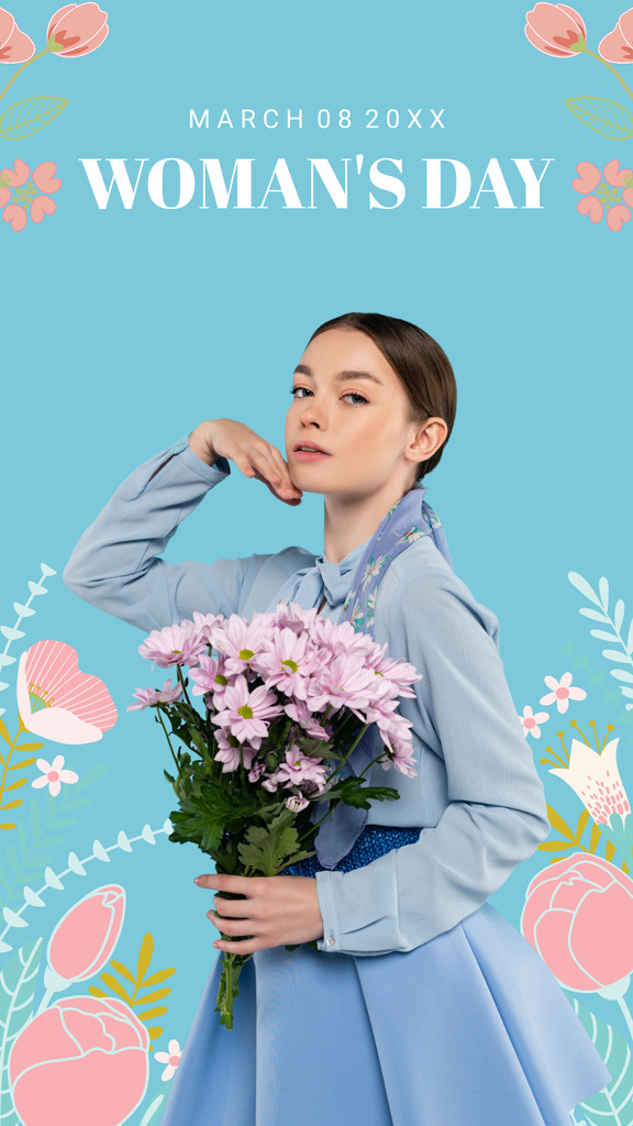 Woman with Tender Flowers Bouquet on Women's Day Instagram Story Tasarım Şablonu