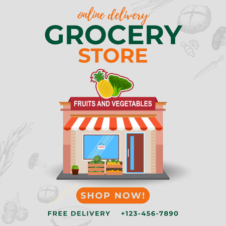 Grocery Store Illustration With Online Delivery Instagram Design Template