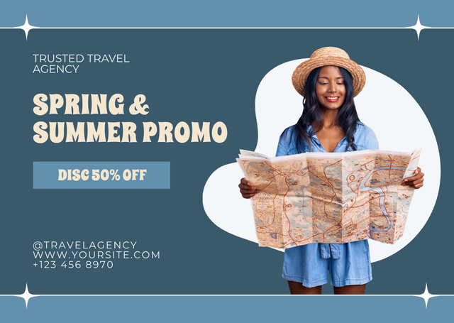Spring and Summer Travel Promo Card Modelo de Design