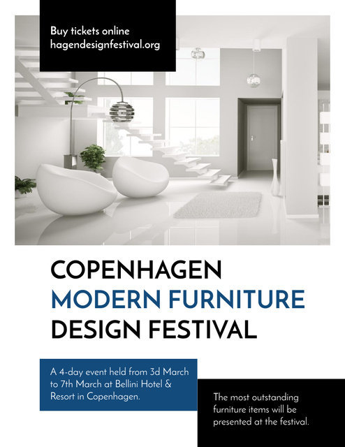 Furniture Festival Announcement with Modern Interior in White Flyer 8.5x11in Šablona návrhu