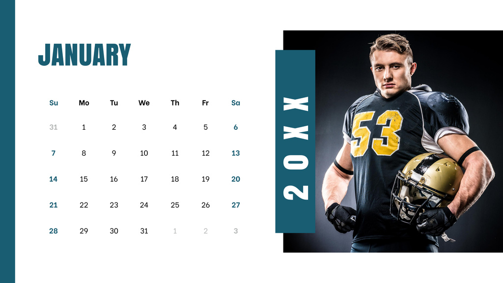 Handsome Rugby Player in Uniform with Helmet Calendar – шаблон для дизайну
