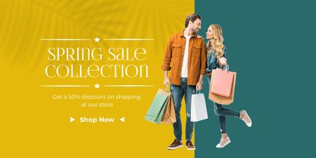 Spring Collection Sale with Beautiful Young Couple Twitter Design Template