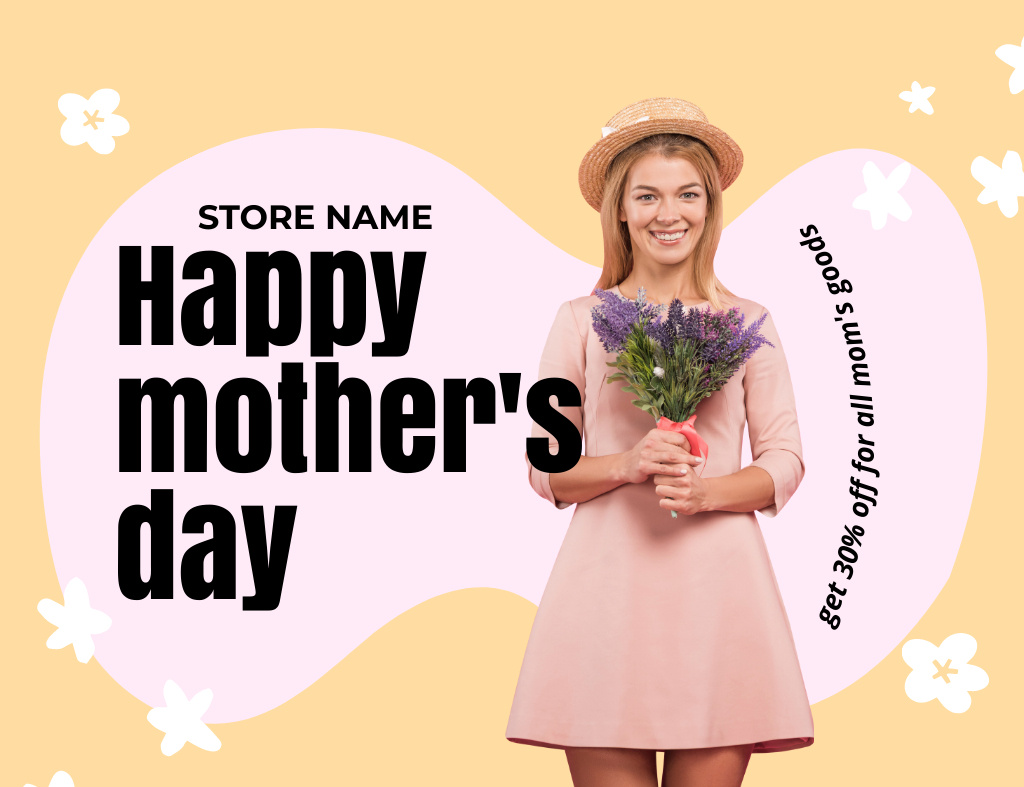 Woman with Purple Flowers on Mother's Day Thank You Card 5.5x4in Horizontalデザインテンプレート